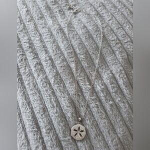 Silver Tone Sand Dollar Pendant Necklace Pave Rhinestone Coastal Beach Jewelry